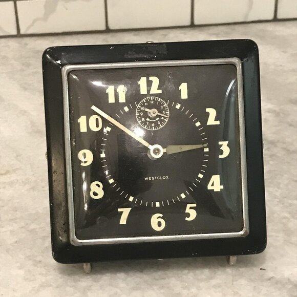 Vintage Westclox Wind-Up Alarm Clock Mechanical Black Luminous Dial Desk Square - Picture 1 of 7